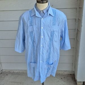 SAN CRISTOBAL Guayaberas Blue White Plaid‎ Embroidered Sz XXL Short Sleeve Shirt